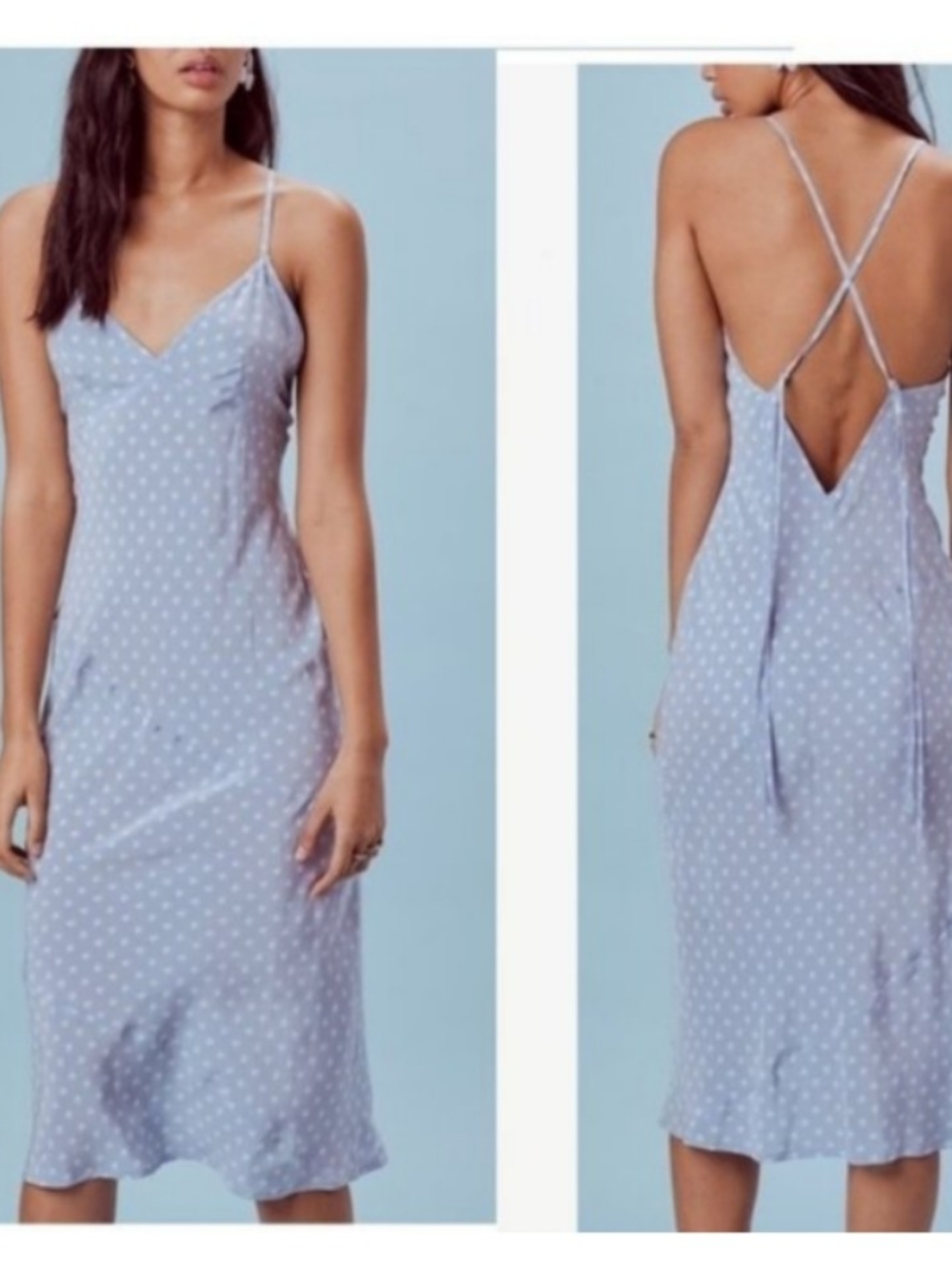 For Love & Lemons Blue White Heart Print Slip Dress Sweetheart Neck Romantic XS
